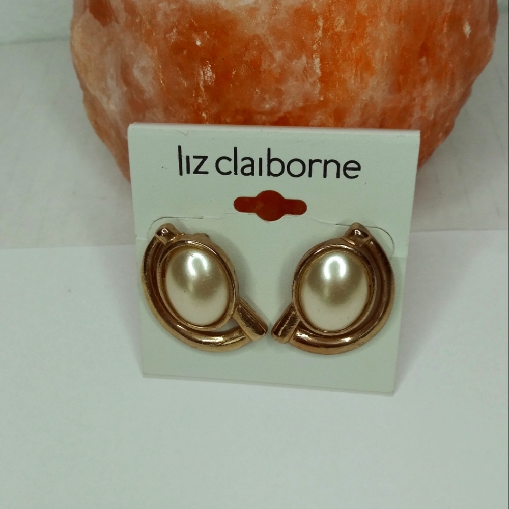 Liz Claiborne Old Gold Tone White Faux Pearls Women's Pierced Earrings